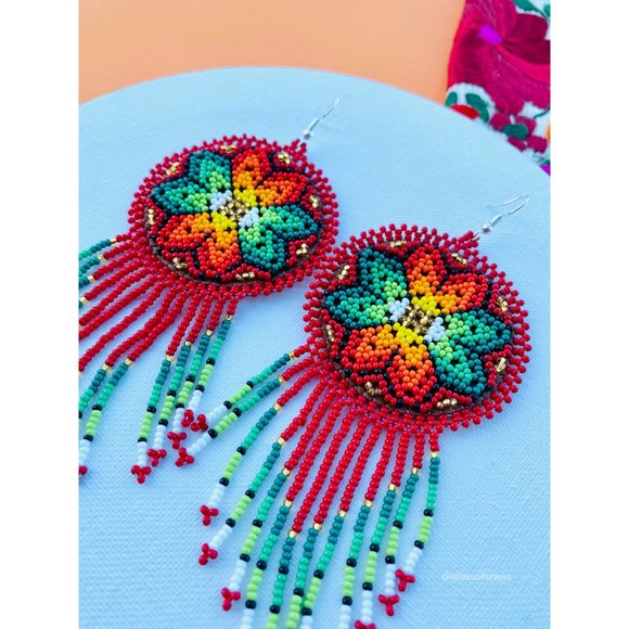 Huichol Earrings Huichol Art Mexican Earrings Hand Beaded Earrings, Flower Earri - Picture 5 of 5